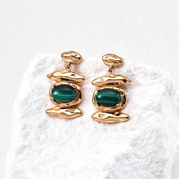 ✨ Artisan Original Sculptural Malachite Statement Dangle Earrings | S925 Gold - Picture 1 of 11